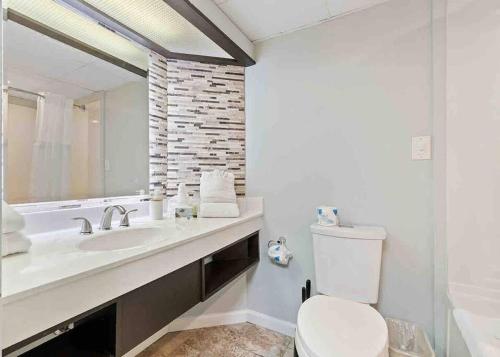 a bathroom with a toilet and a sink and a mirror at Tranquil Palms-Oceanfront Condo in Myrtle Beach