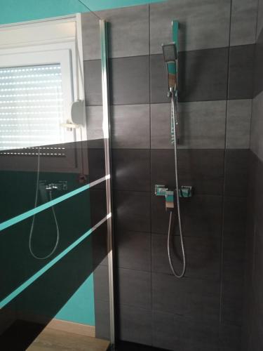 une douche avec un tuyau dans une salle de bain dans l'établissement Villa du lagon avec piscine, à Saint-Michel-en-lʼHerm