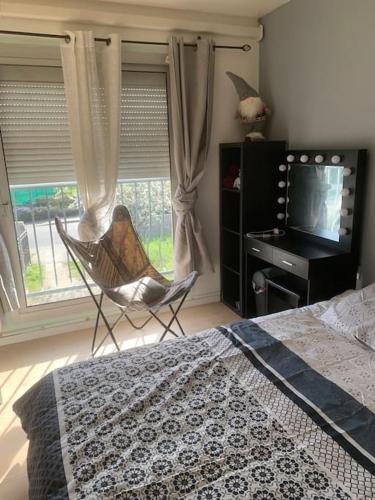 ein Schlafzimmer mit einem Bett, einem Stuhl und einem TV in der Unterkunft Agréable T2 proche Toulouse in Léguevin
