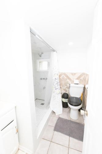 a bathroom with a toilet and a shower at Chic 3BR Hideaway mins from NYC in Jersey City