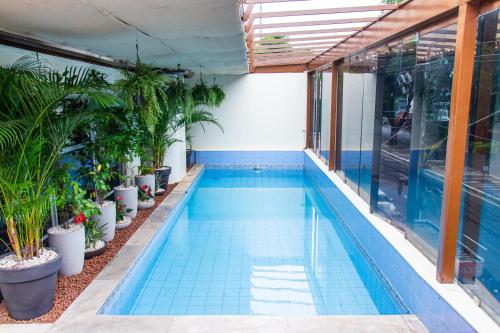 a swimming pool in a building with potted plants at Prestige Manaus Hotel in Manaus
