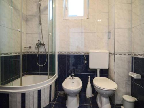 a bathroom with a toilet and a tub and a sink at Nice apartment -with new private pool in Stari Grad