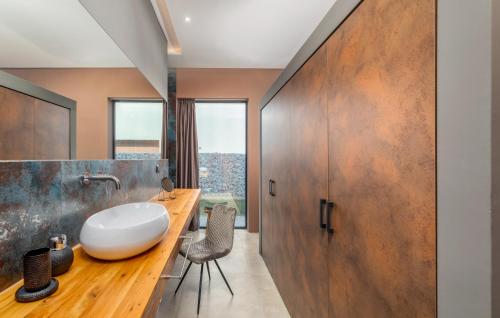 a bathroom with a sink and a wooden wall at Villa Grande Arche Istria in Ližnjan