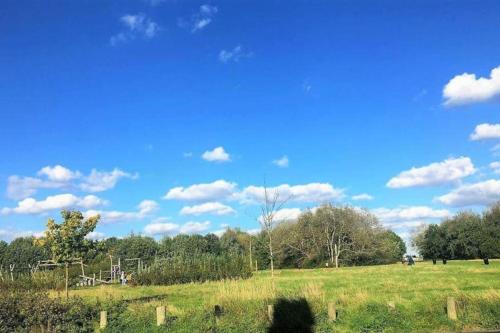 a field with trees and a blue sky with clouds at Apartment with garden 4 stop to Holland Park in London