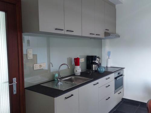 a kitchen with white cabinets and a sink at Vakantiewoning Nieuwdonk in Berlare