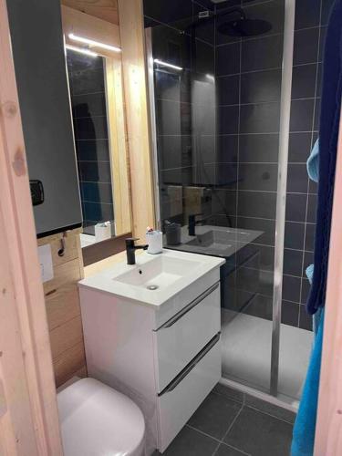 une salle de bain avec toilettes, lavabo et douche dans l'établissement Turquoise 551, à Saint-Gervais-les-Bains