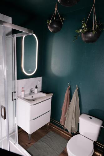 une salle de bain avec un lavabo blanc et des toilettes dans l'établissement L'Échappée Verte - Hyper Centre - Tout inclus, à Rouen