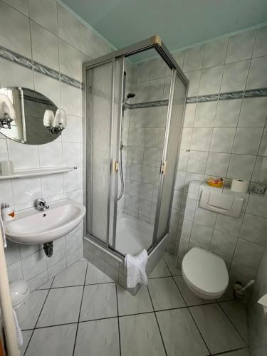 a bathroom with a shower and a toilet and a sink at Apartmenthaus Aurum in Ahlbeck