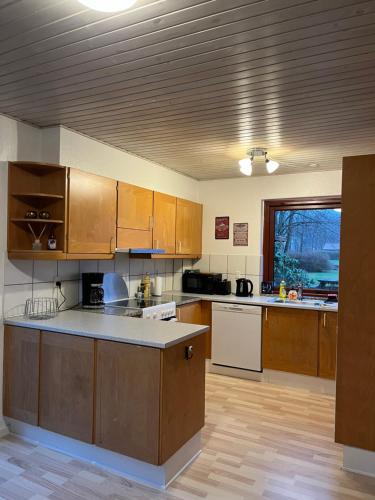 a large kitchen with wooden cabinets and a counter top at Apartment in Billund in Billund