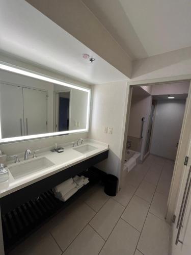 a bathroom with a sink and a large mirror at Chicago Marriott Suites O'Hare in Rosemont