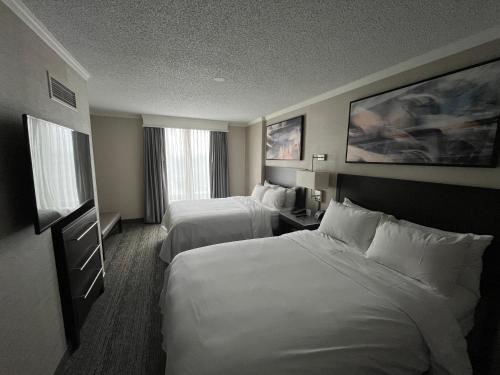a hotel room with two beds and two windows at Chicago Marriott Suites O'Hare in Rosemont