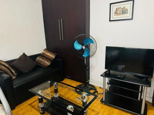 ein Wohnzimmer mit einem schwarzen Sofa und einem Ventilator in der Unterkunft Peaceful getaway in Kapstadt