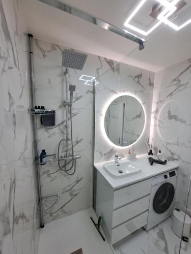 a bathroom with a sink and a shower and a mirror at Appartement de standing in Créteil