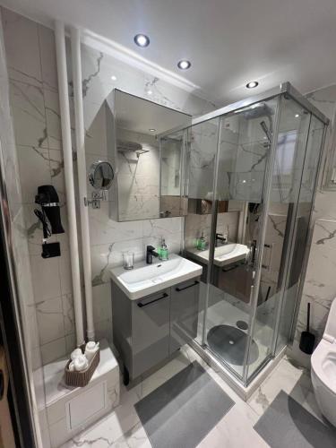 une salle de bain avec douche et lavabo dans l'établissement COSY CROISETTE CANNES CENTRE VILLE RUE D'Antibes, à Cannes