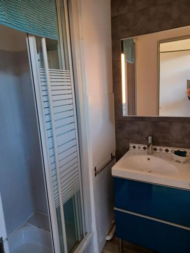 une salle de bain avec un lavabo et une douche en verre dans l'établissement Plain-pied Jardin 6 personnes Clim Vue Mer Parking Wifi Terrasse Piscine dans la résidence, à Saint Pierre La Mer