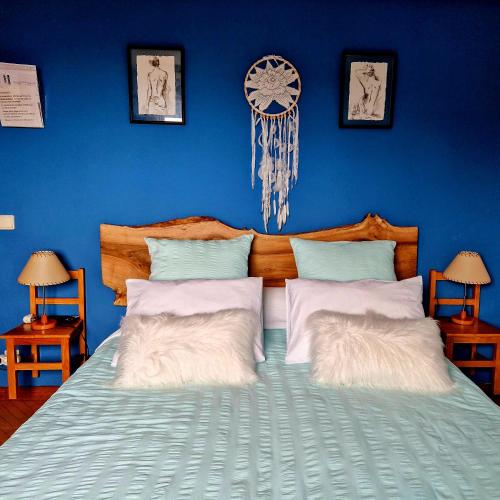 a blue bedroom with a bed with two pillows at Casa DE Amigos in Ancião