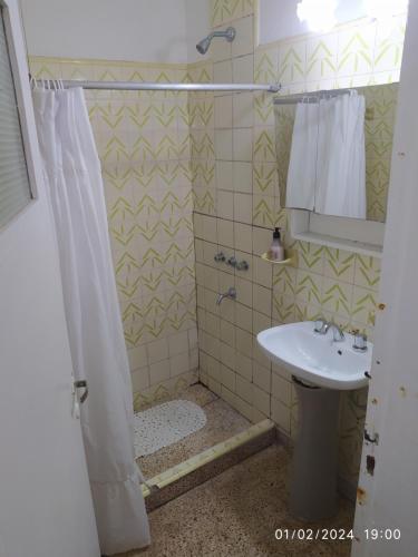 y baño con lavabo y ducha. en La casa en Gualeguaychú