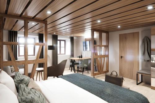 1 dormitorio con 1 cama y escritorio en una habitación en Apartments Alter Pfarrhof en Nabburg