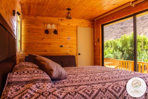 een slaapkamer met een bed en een groot raam bij Lodge El Pedregan in Codpa