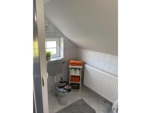 Elle comprend une petite salle de bains pourvue de toilettes et d'une fenêtre. dans l'établissement Anton - Haus Deichperle, à Dornumersiel