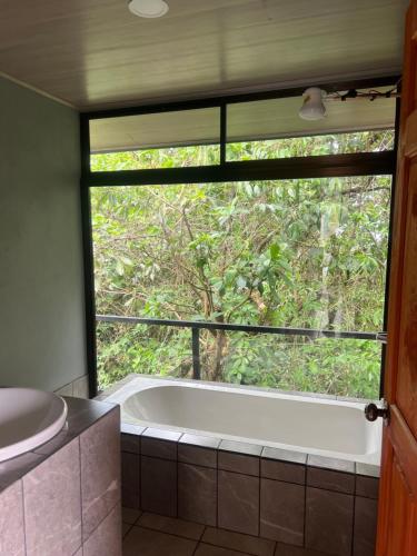 a bath tub in a bathroom with a large window at Cabaña Magui. in Aguas Zarcas