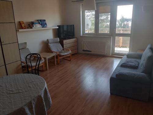 a living room with a couch and a table at Apartament Rodzinny in Bydgoszcz