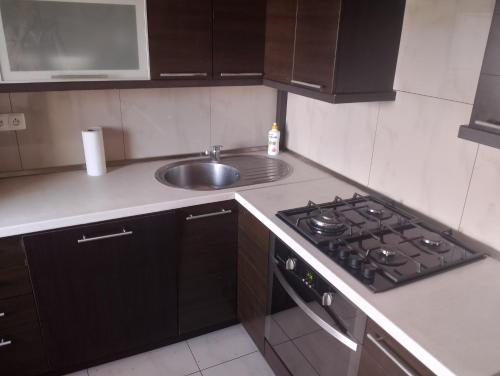 a small kitchen with a stove and a sink at Apartament Rodzinny in Bydgoszcz