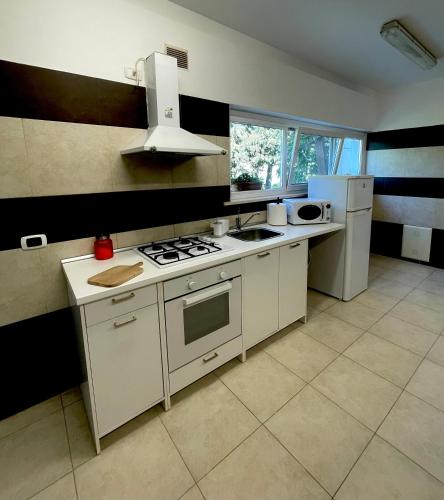 a kitchen with a stove and a refrigerator at IL GLICINE CAMPAGNOLO in Atessa