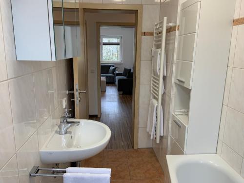 ein Bad mit einem Waschbecken und einem Spiegel in der Unterkunft BestBoarding24 in Schöllkrippen