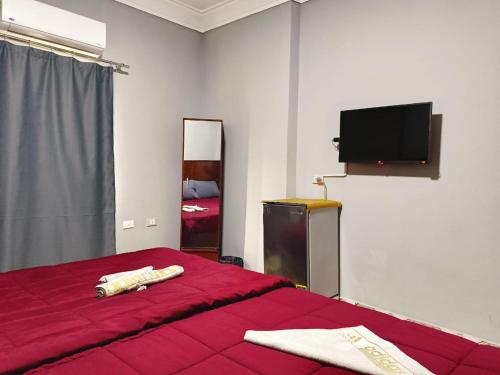 a bedroom with a red bed and a flat screen tv at Fantastic three pyramids view in Cairo