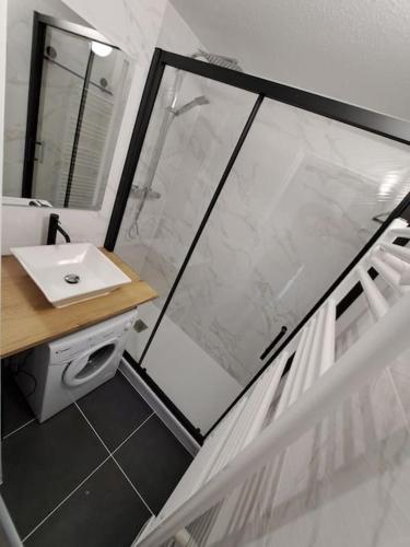 une salle de bain avec douche et lavabo dans l'établissement Les terrasses de la plage 255, T3 bien équipé, wifi, parking, au Cap d'Agde