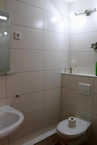 Baño blanco con aseo y lavamanos en Drei Linden Siedlung en Wolfenbüttel