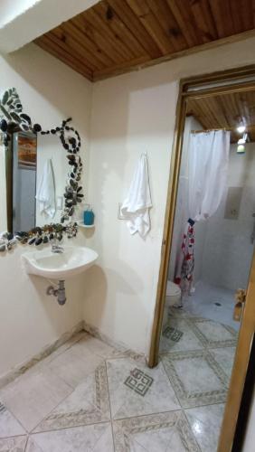 a bathroom with a sink and a shower and a toilet at susurros del río in Pijao