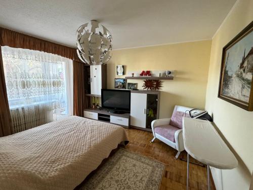 a bedroom with a bed and a tv and a chair at VIsagino Apartment in Visaginas