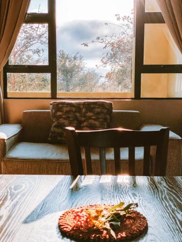 a table with a pizza on top of it in a living room at Umkhaya lodge in Mkuze