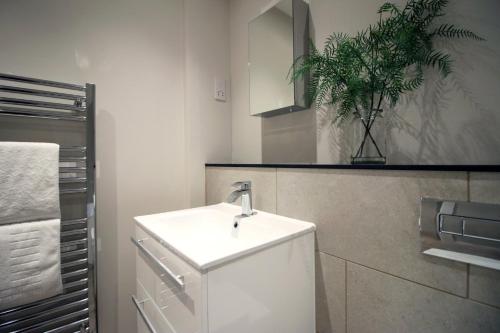a bathroom with a white sink and a potted plant at Casablanca 4 - Cardiff Bay - 2 Bed Apartment in Cardiff
