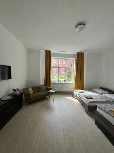 duży pokój z łóżkiem i kanapą w obiekcie Pension Moravia w Ołomuńcu