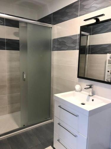une salle de bain avec une douche, un lavabo et un miroir dans l'établissement Maison à 10’ à pieds du port de La Rochelle, à La Rochelle