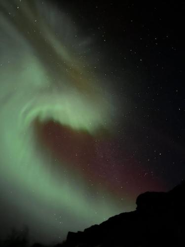 Eine Aurora am Himmel in der Nacht in der Unterkunft Steiroveien in Sortland