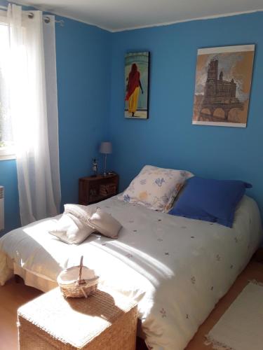 a bedroom with a bed with blue walls at La maison d'Alruna in Beauchalot