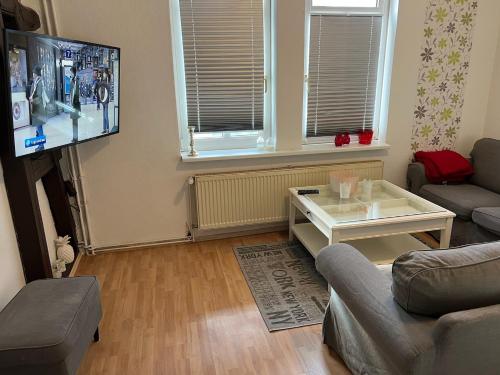 a living room with a couch and a tv at Drei Linden Jasper in Wolfenbüttel