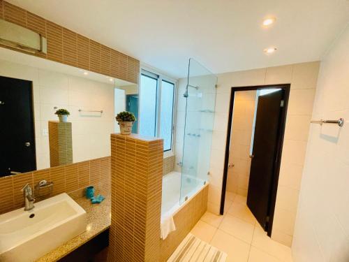 里奧阿托的住宿－Playa Blanca Founders 1，浴室配有水槽、淋浴和浴缸。