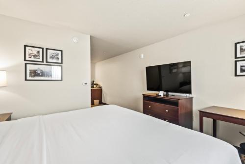 a bedroom with a large bed and a flat screen tv at Cobblestone Hotel & Suites - Cullman in Cullman