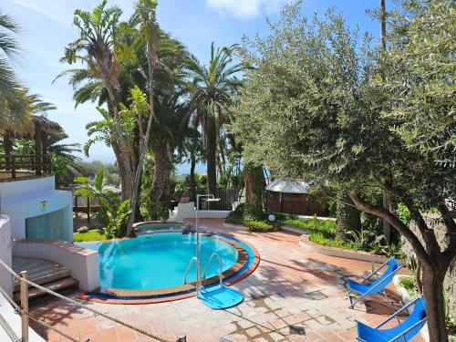 una piscina in un cortile con palme di Paco Residence Benessere & Relax a Ischia