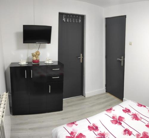 1 dormitorio con 1 cama, TV y 2 puertas en Maison plein pied 1, en Hérin