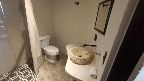 a small bathroom with a toilet and a sink at Xùva in Mérida