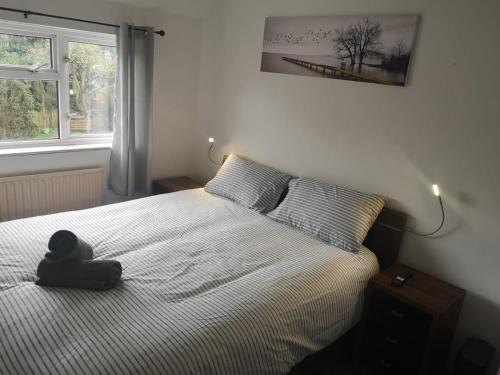 a teddy bear sitting on a bed in a bedroom at MossBank House Luton Airport in Luton