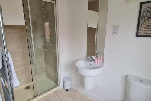 uma casa de banho com um chuveiro, um lavatório e um WC. em Convenient & cosy 3 bed house em Newport