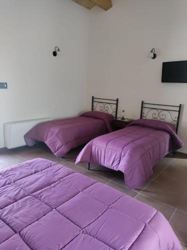 two beds in a room with purple sheets at Tenuta Barone in Duronia