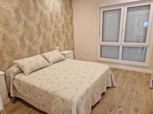 ein Schlafzimmer mit einem Bett und zwei Fenstern in der Unterkunft Apartaments Mariña B5 in Redondela